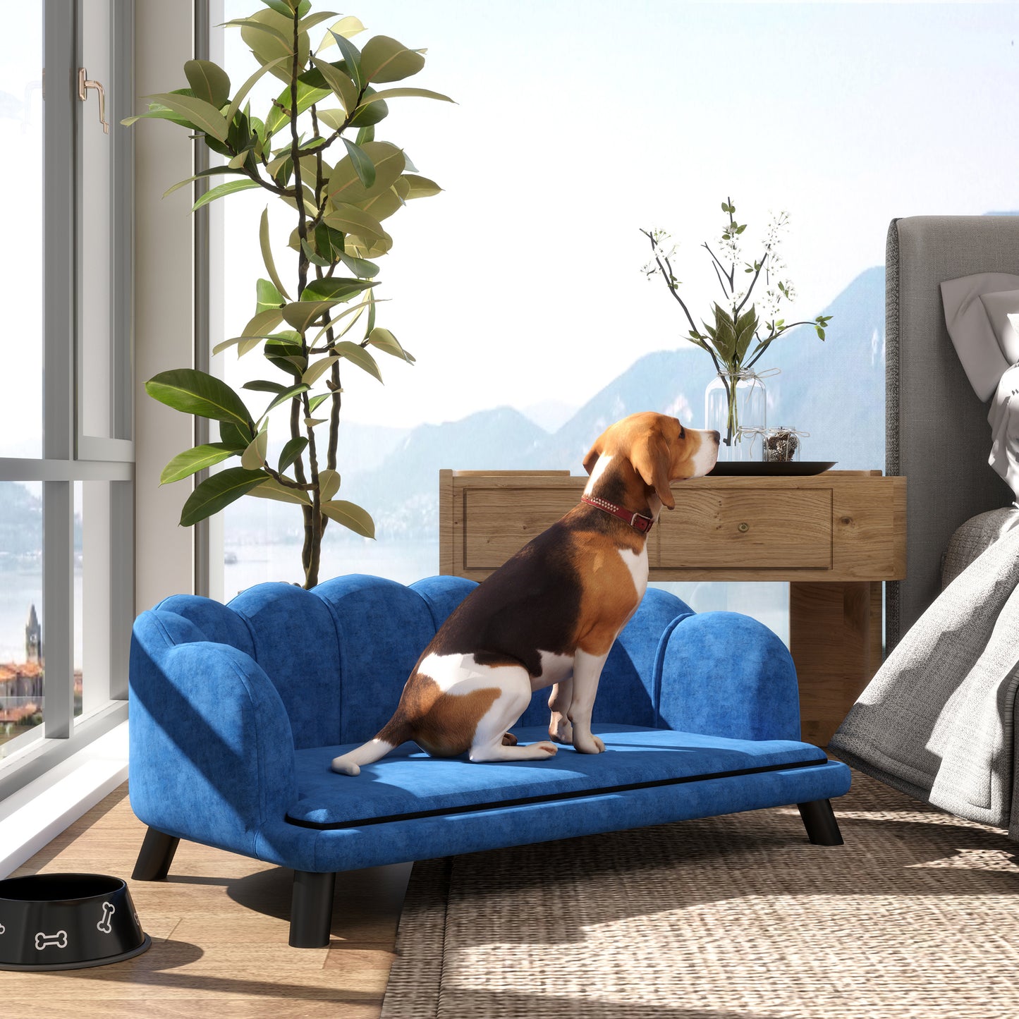 Blue velvet dog sofa with scalloped arms for small pets
