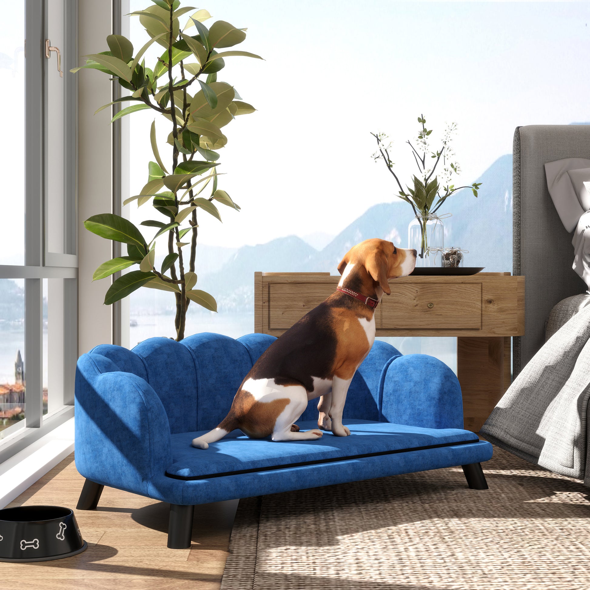 Blue velvet dog sofa with scalloped arms for small pets