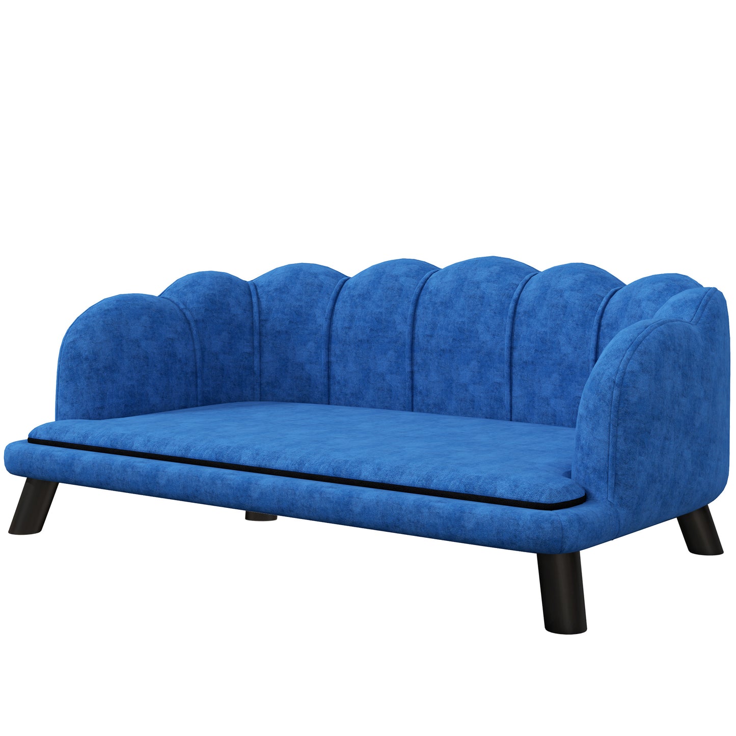 Deep blue upholstered sofa with scallopshaped back and black legs perfect for a stylish living room