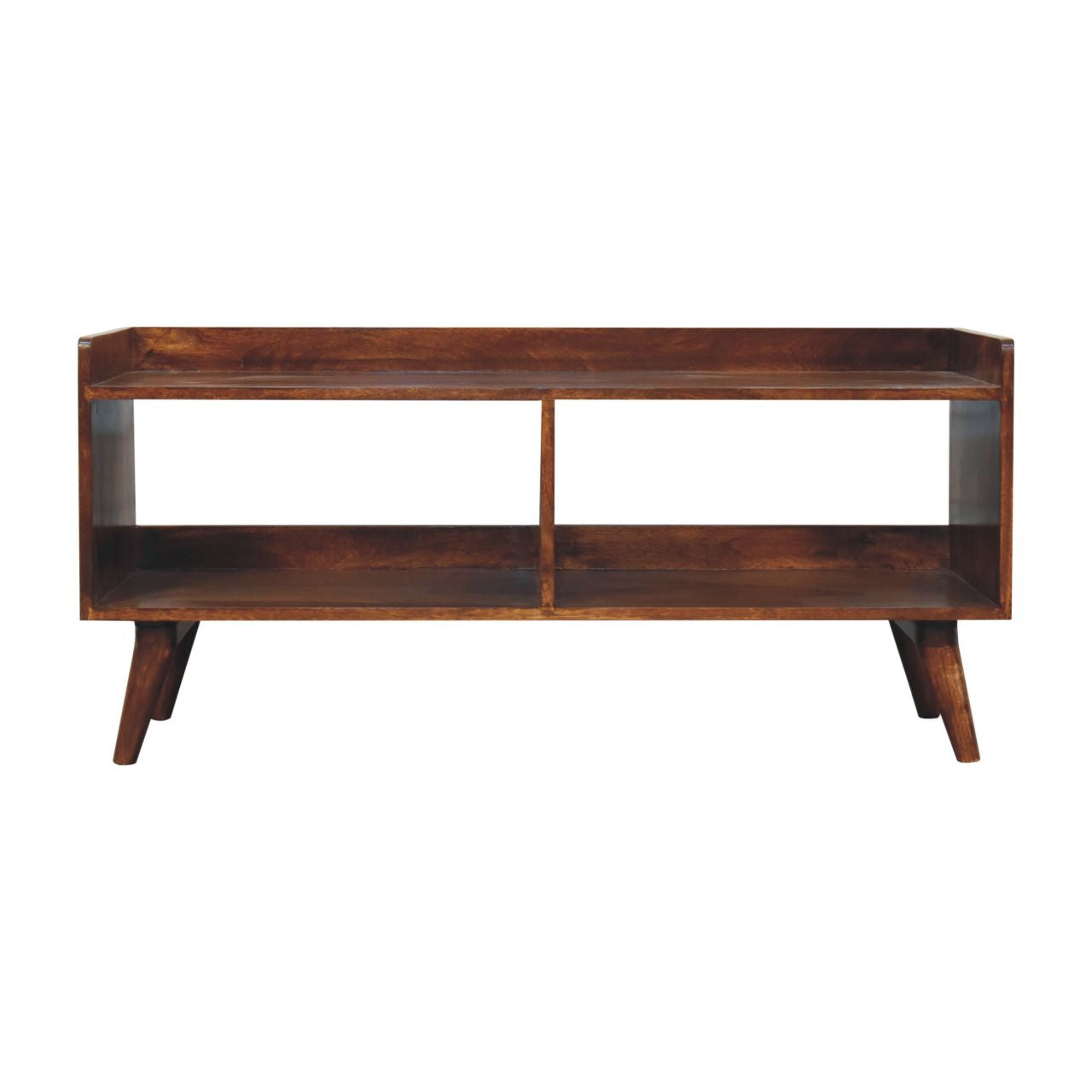 Rich brown wooden media console with open shelving and angled legs
