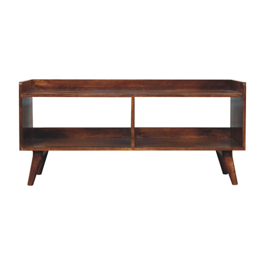 Rich brown wooden media console with open shelving and angled legs