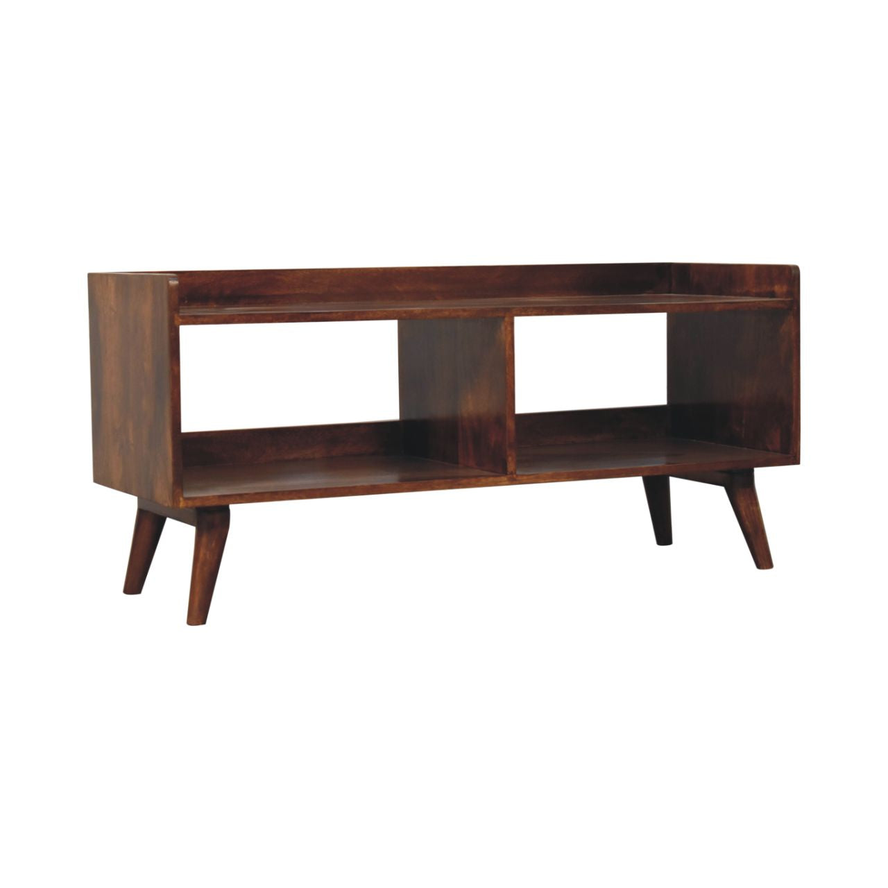 Midcentury modern walnut media console with open shelving and tapered legs