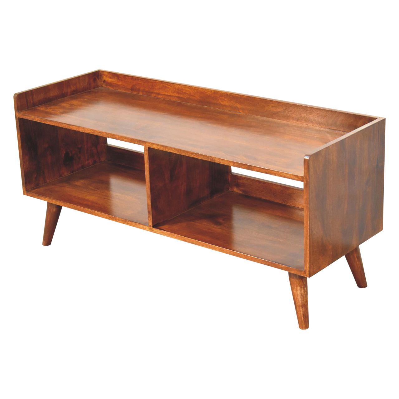 Midcentury modern TV stand in rich walnut finish with open shelving