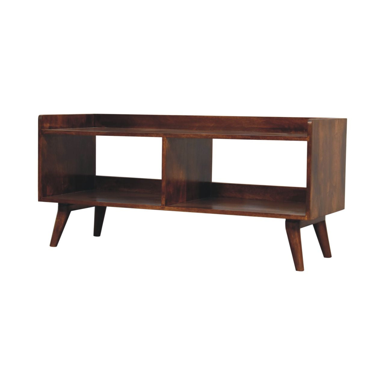Dark walnut midcentury modern media console with two open shelves