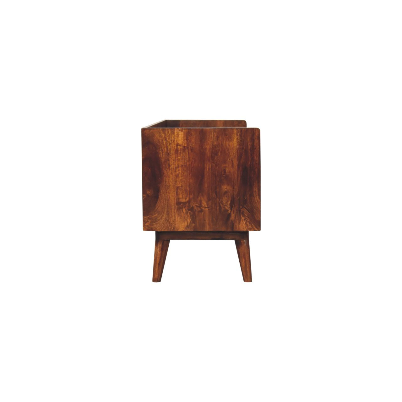 Side view of a midcentury modern walnut end table with tapered legs