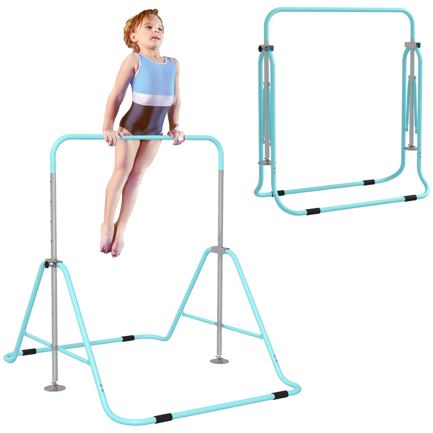 Turquoise adjustable junior gymnastics bar with young girl midswing
