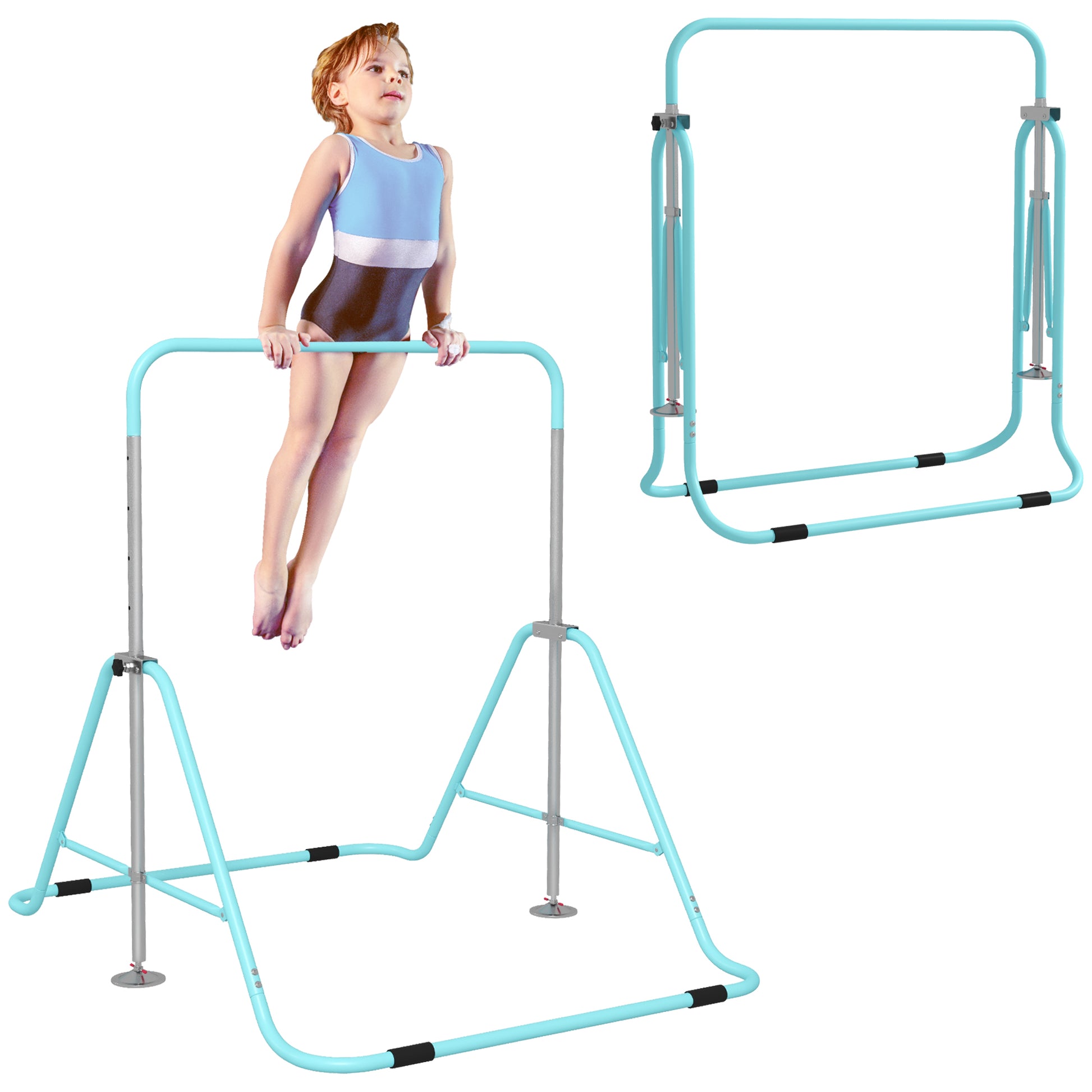 Turquoise adjustable junior gymnastics bar with young girl midswing