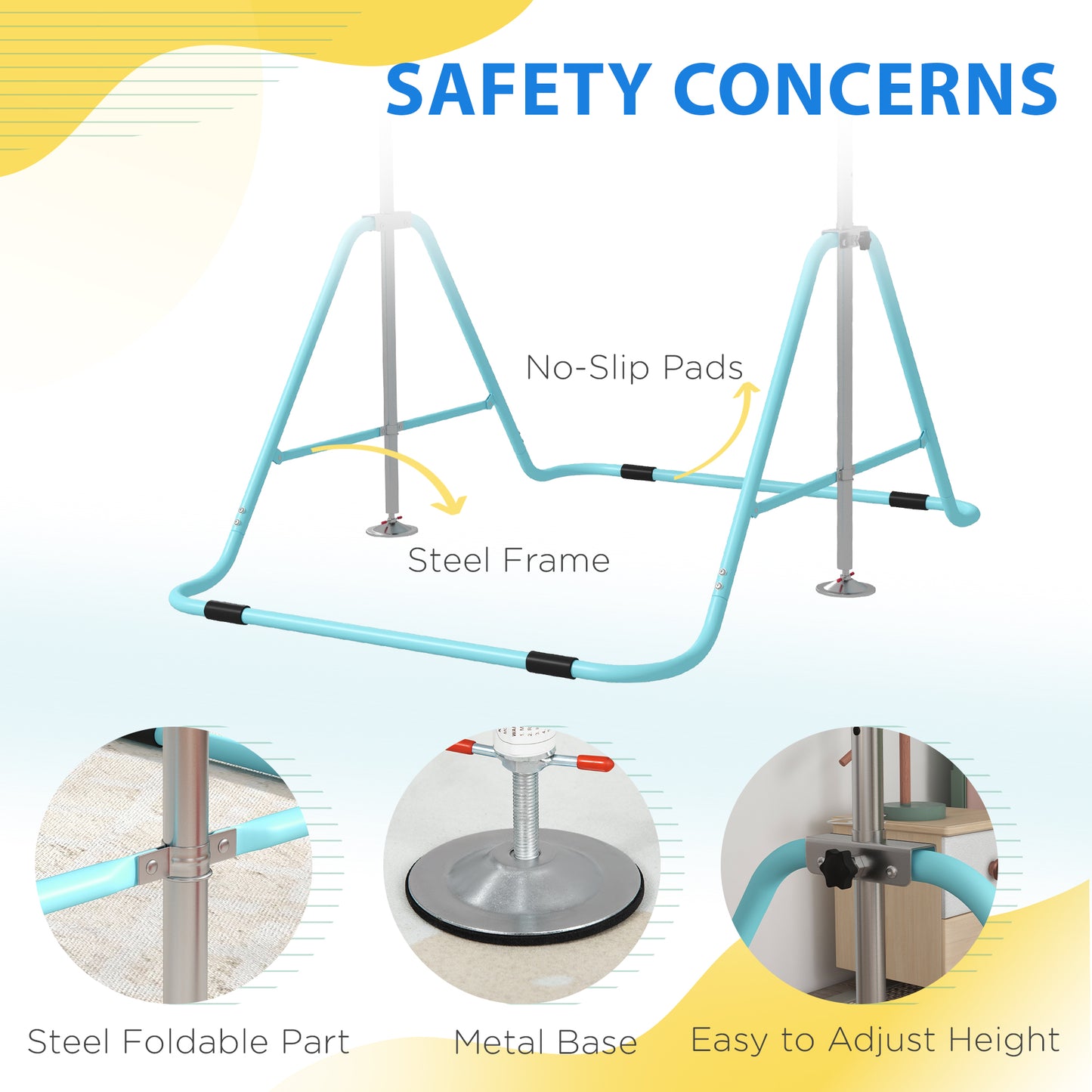 Turquoise steel frame for a kids indoor gym with adjustable height and metal base
