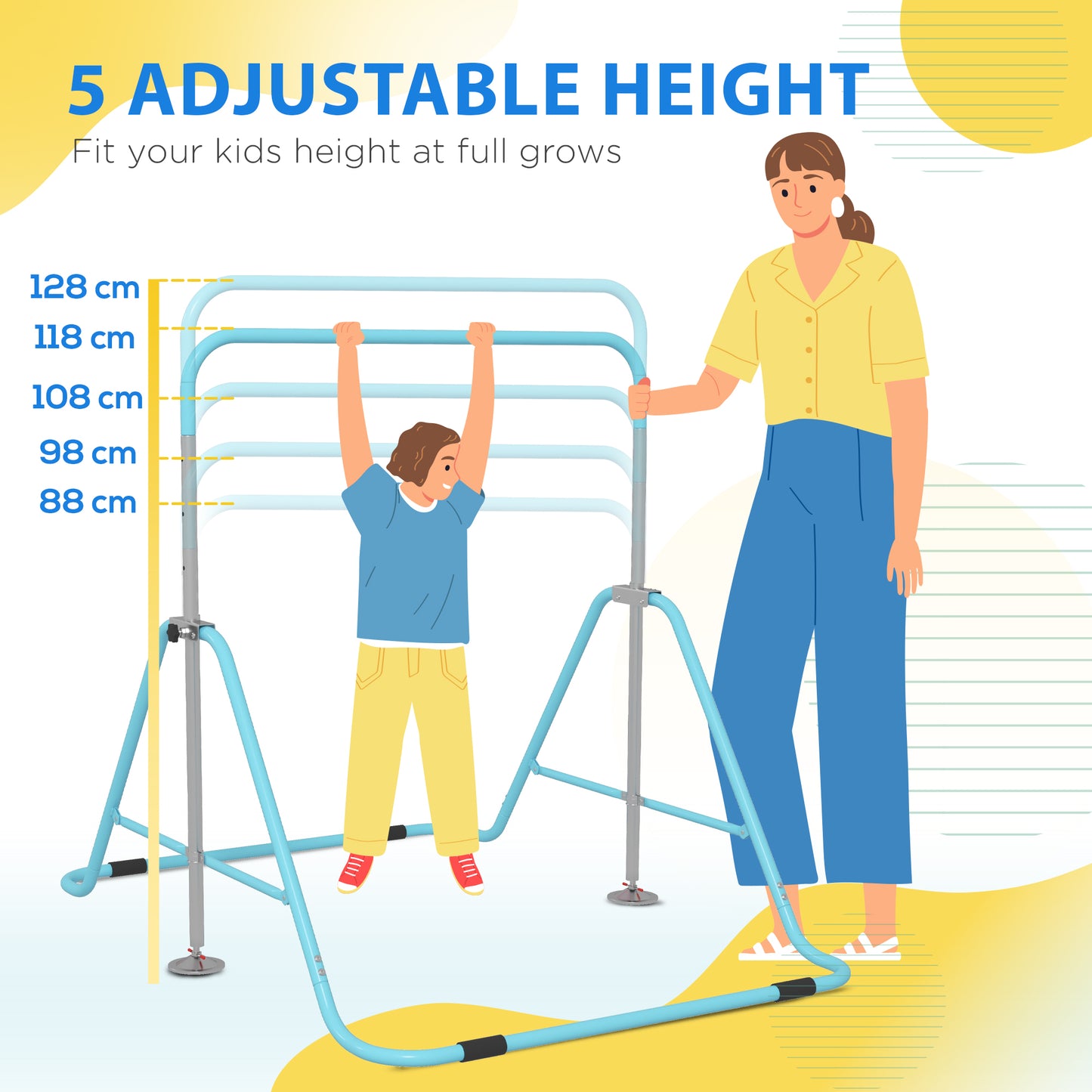 Blue kids pull up bar with adjustable heights shown with a child and adult