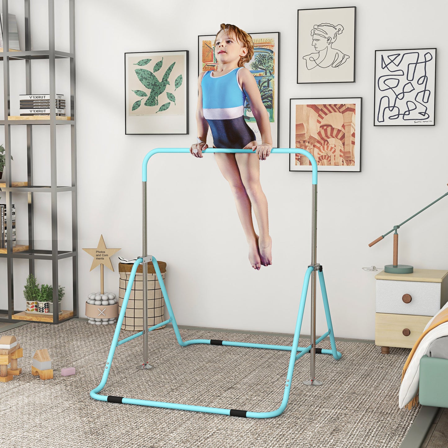 Young girl in blue and black gymnastics leotard performs on a childs horizontal bar