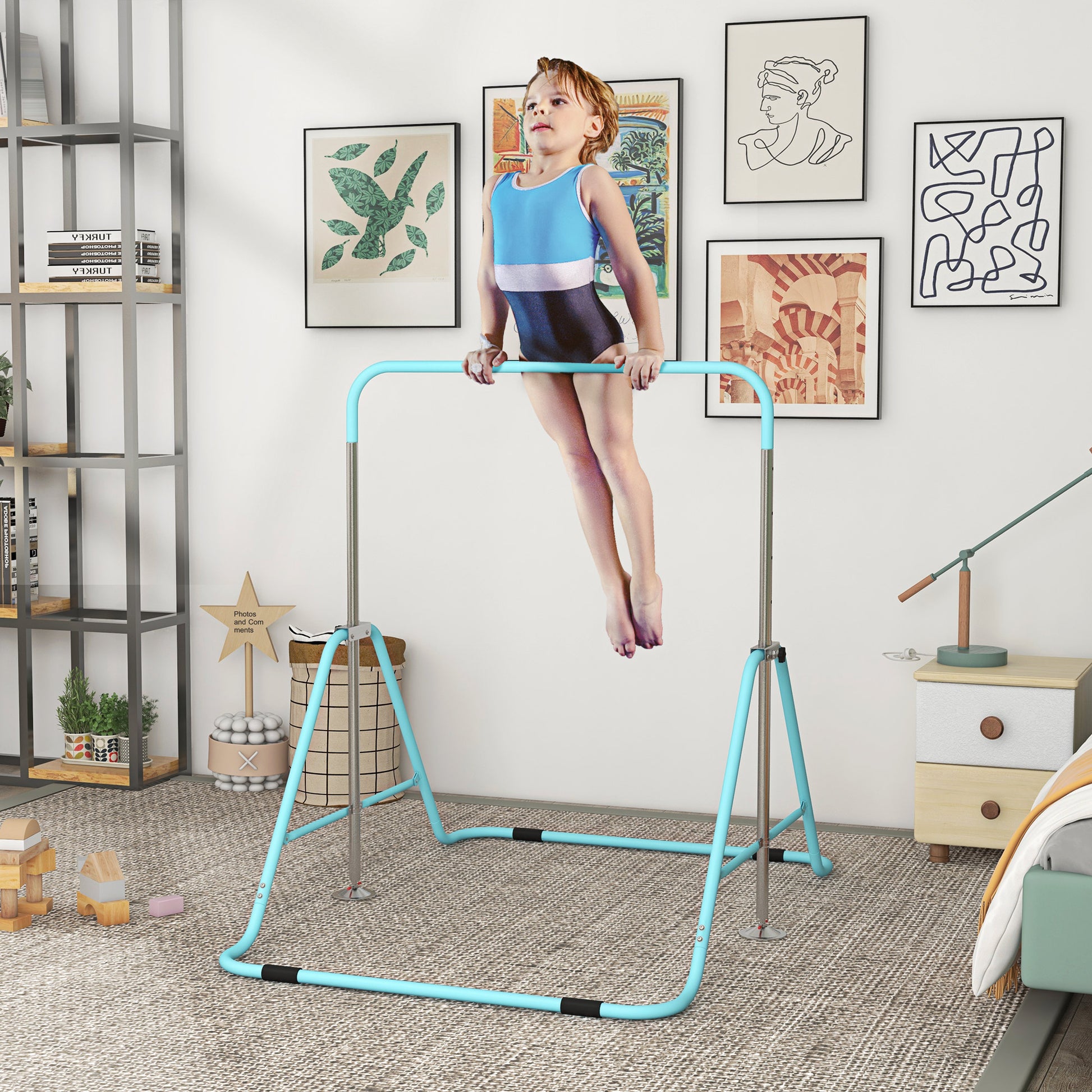 Young girl in blue and black gymnastics leotard performs on a childs horizontal bar