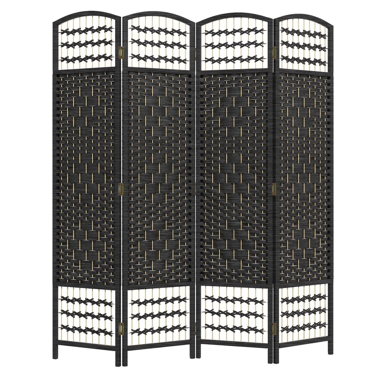 Fourpanel black rattan room divider with woven texture and decorative cross patterns