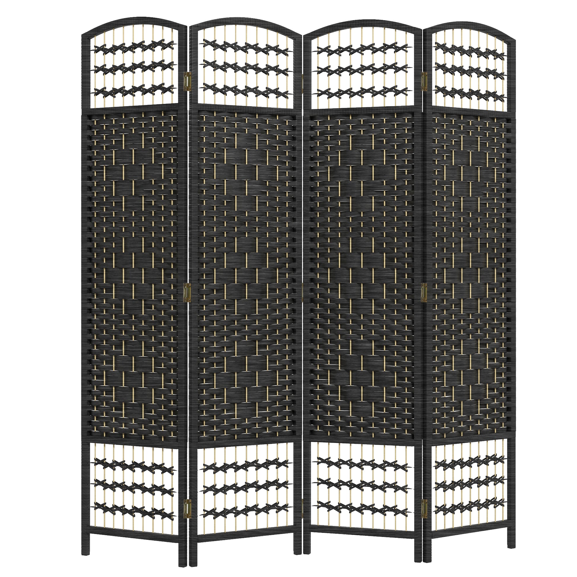 Fourpanel black rattan room divider with woven texture and decorative cross patterns