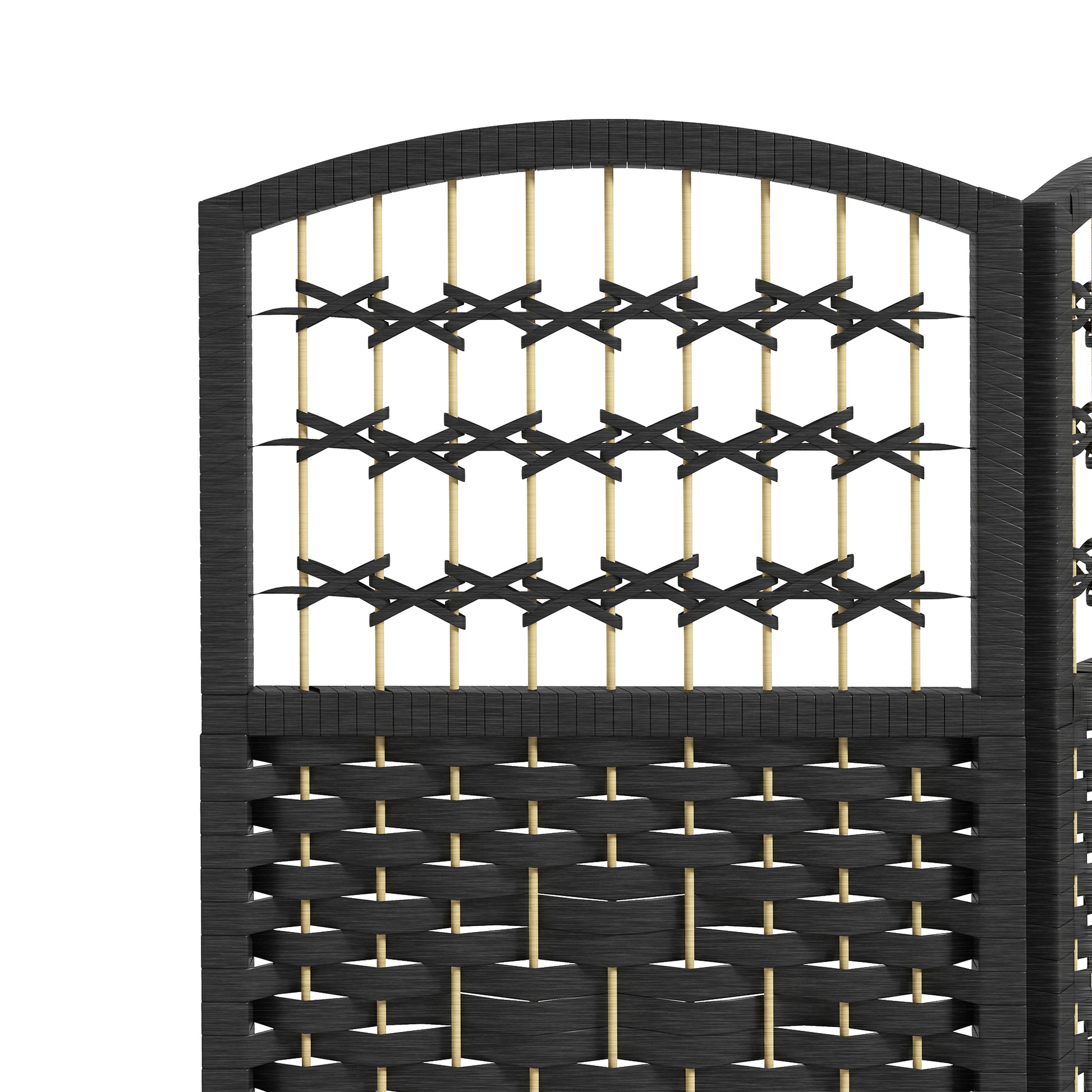 Black woven room divider with arched top and bamboo accents