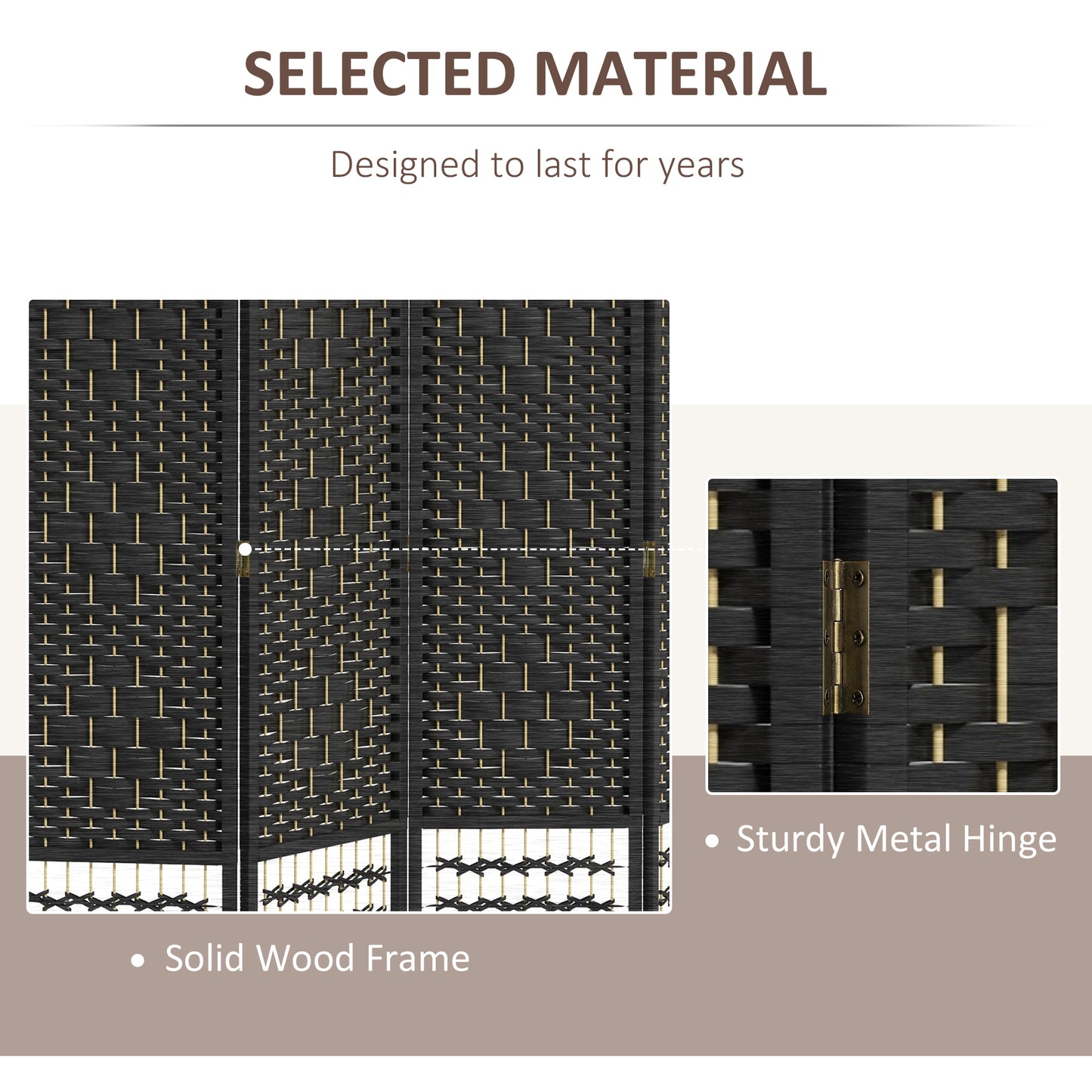 Dark brown woven room divider with gold accents and solid wood frame