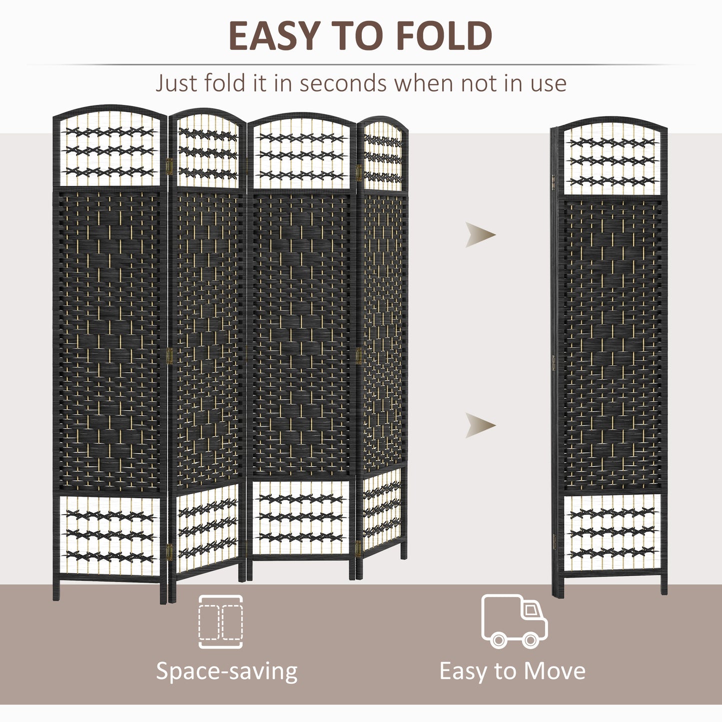Black panel woven room divider with decorative lattice top perfect for home or office