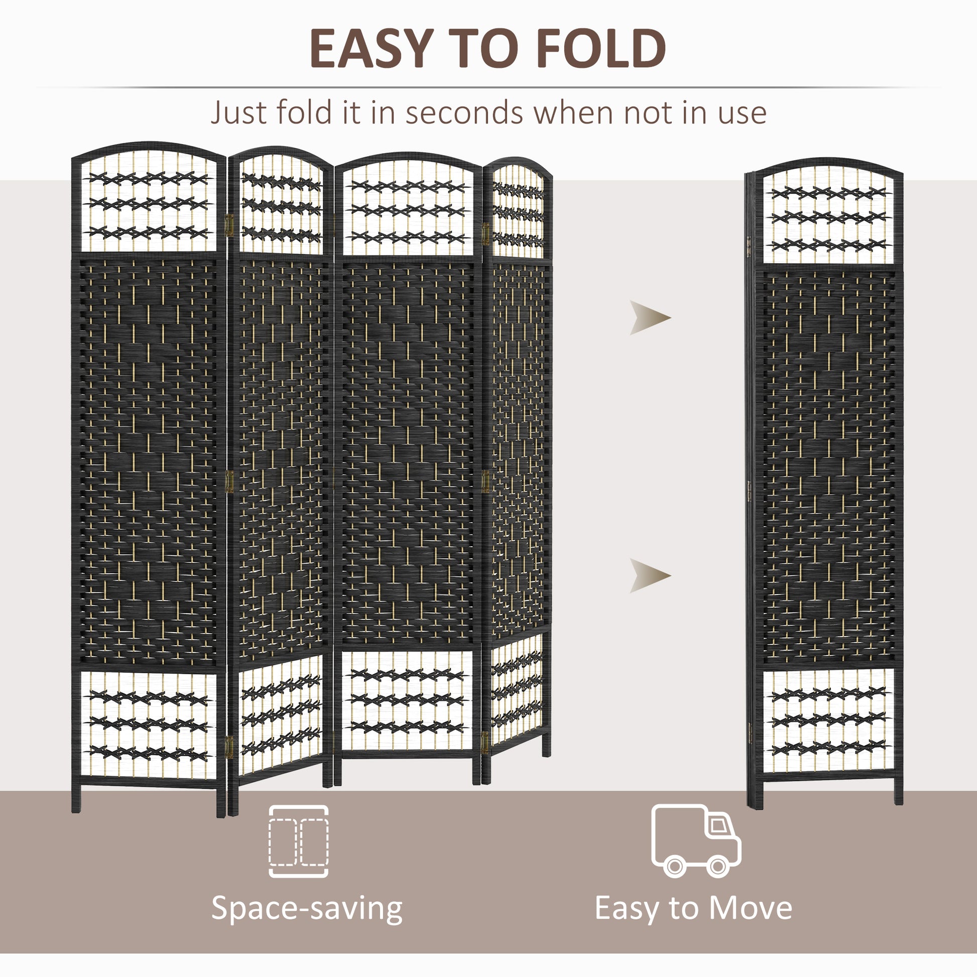 Black panel woven room divider with decorative lattice top perfect for home or office