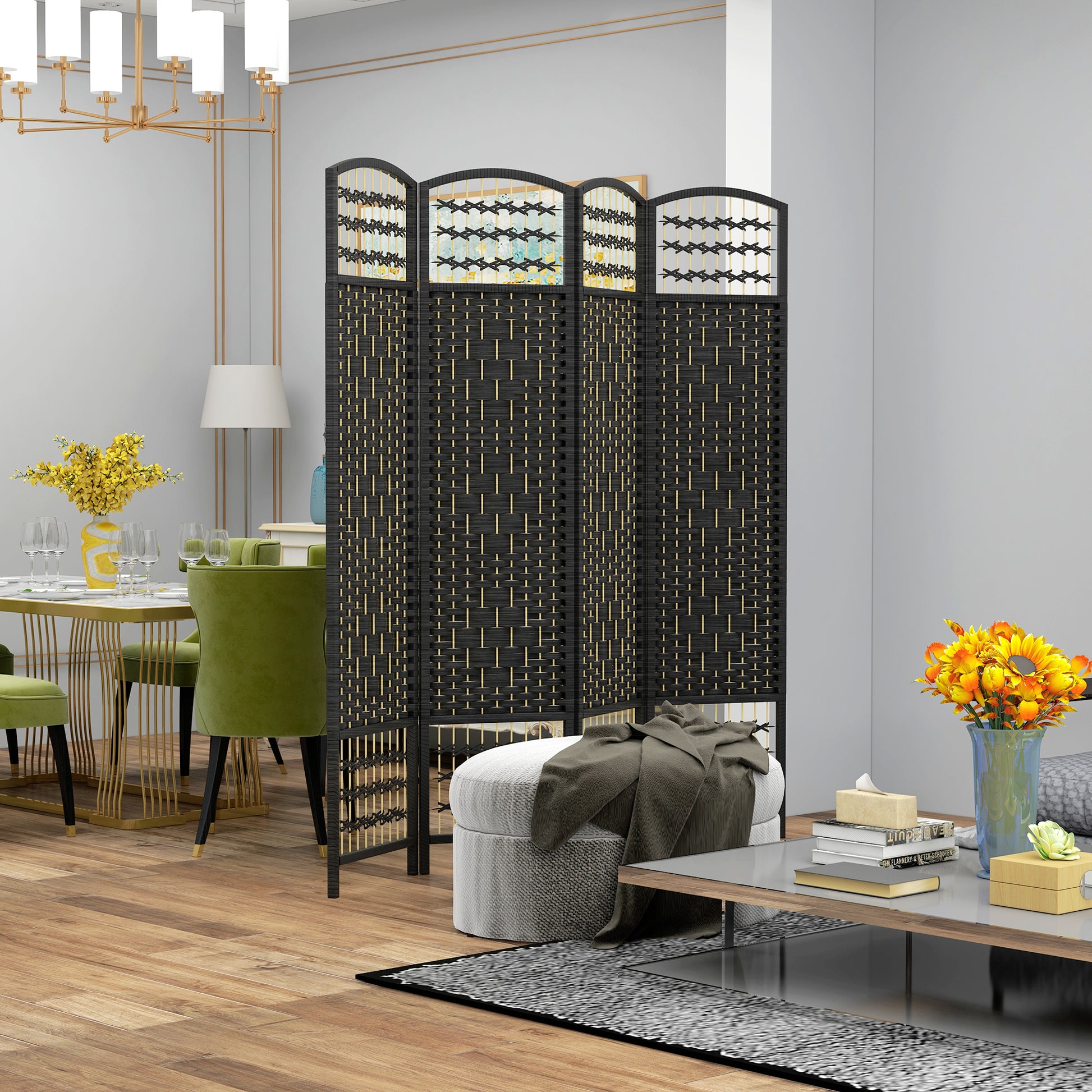 Black fourpanel wicker room divider with woven texture and decorative arch top