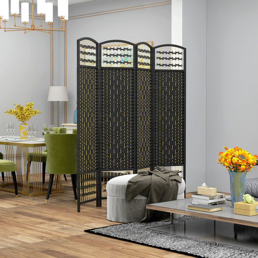 Black fourpanel wicker room divider with woven texture and decorative arch top