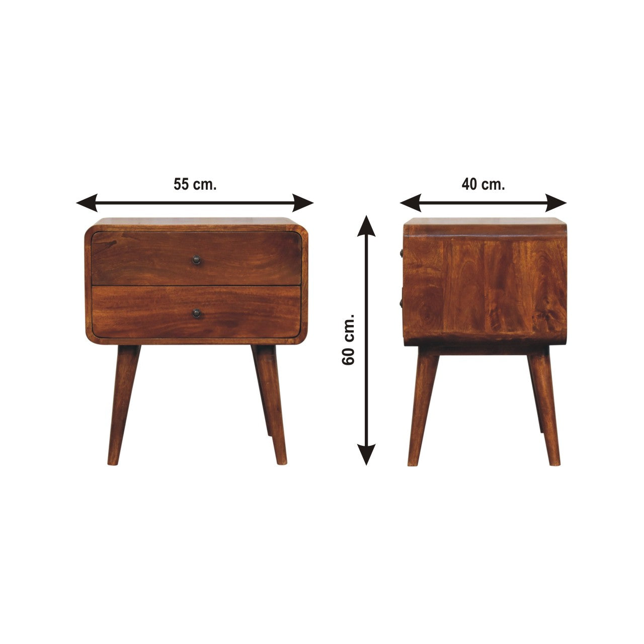 Midcentury modern wood bedside table with two drawers cm width
