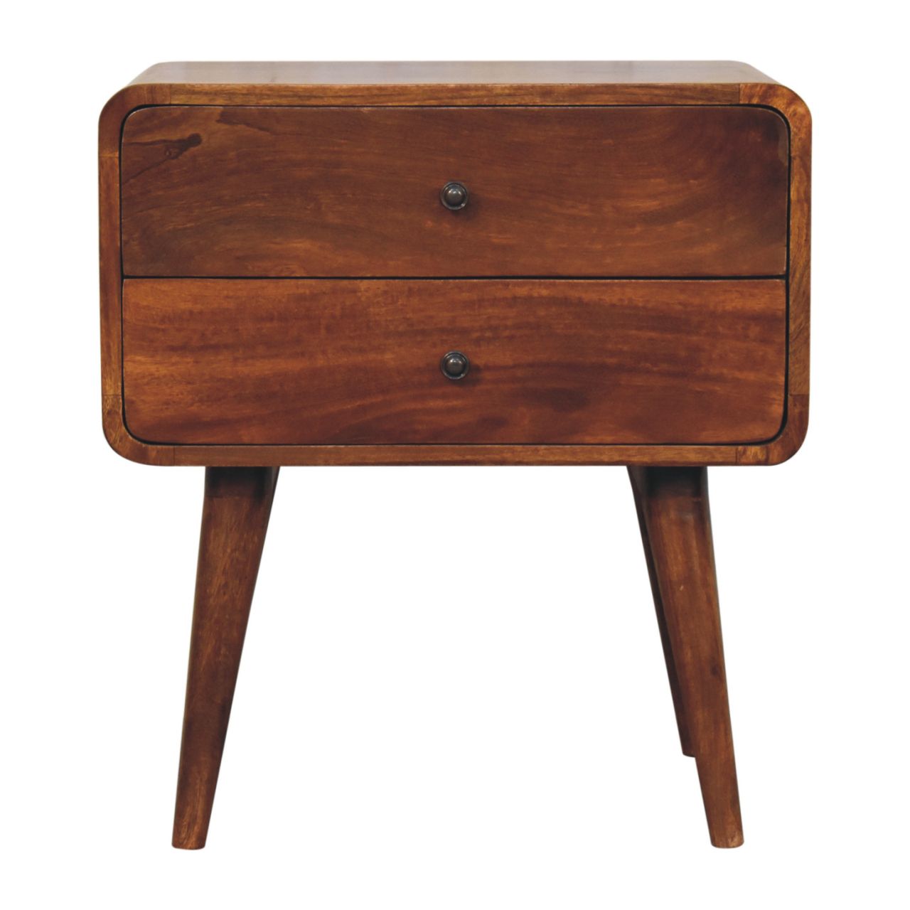 Solid wood nightstand with two curved drawers and tapered legs