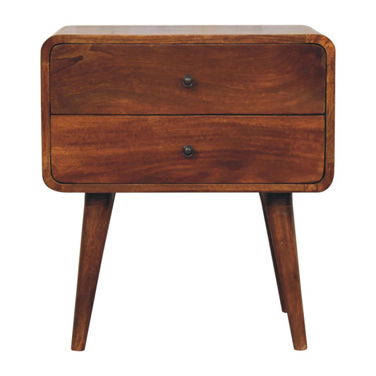 Solid wood nightstand with two curved drawers and tapered legs