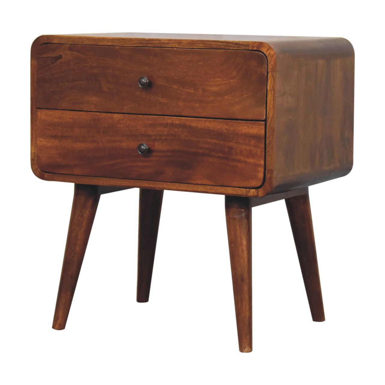 Solid wood bedside table with two drawers and tapered legs in a rich brown finish