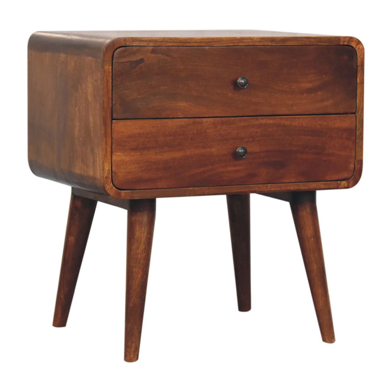 Midcentury modern wooden nightstand with two drawers and tapered legs