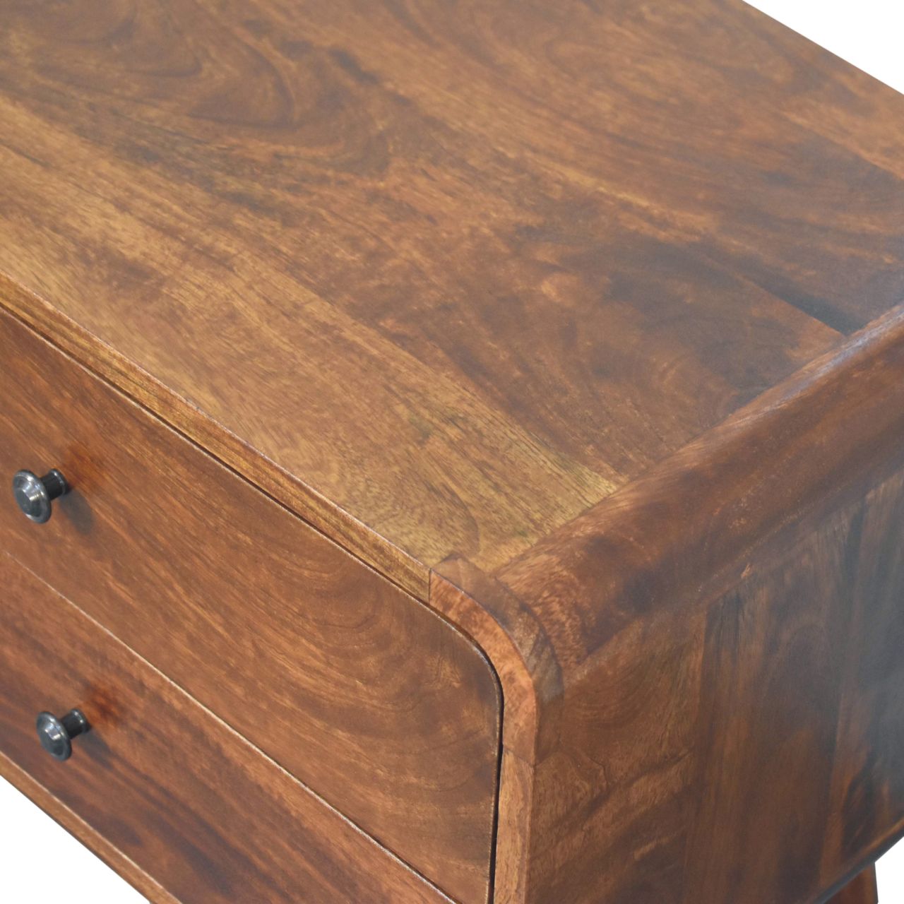 Solid wood bedside table with two drawers and rounded edges Natural finish