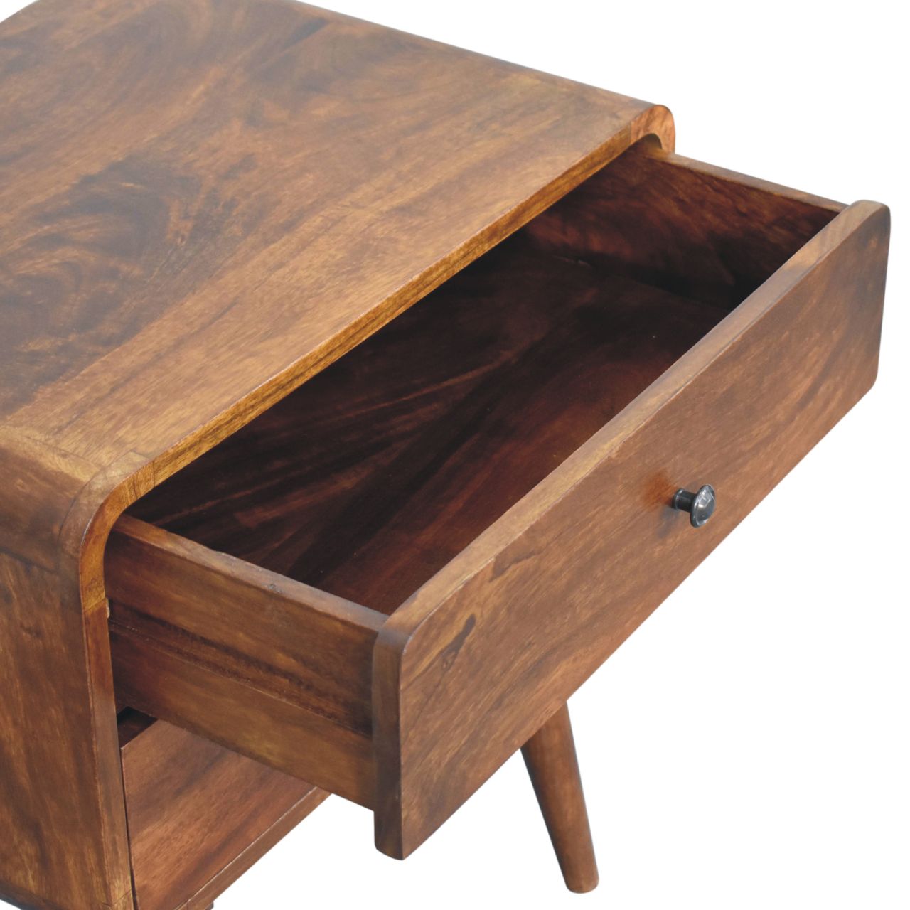 Wooden bedside table with curved edges and open drawer