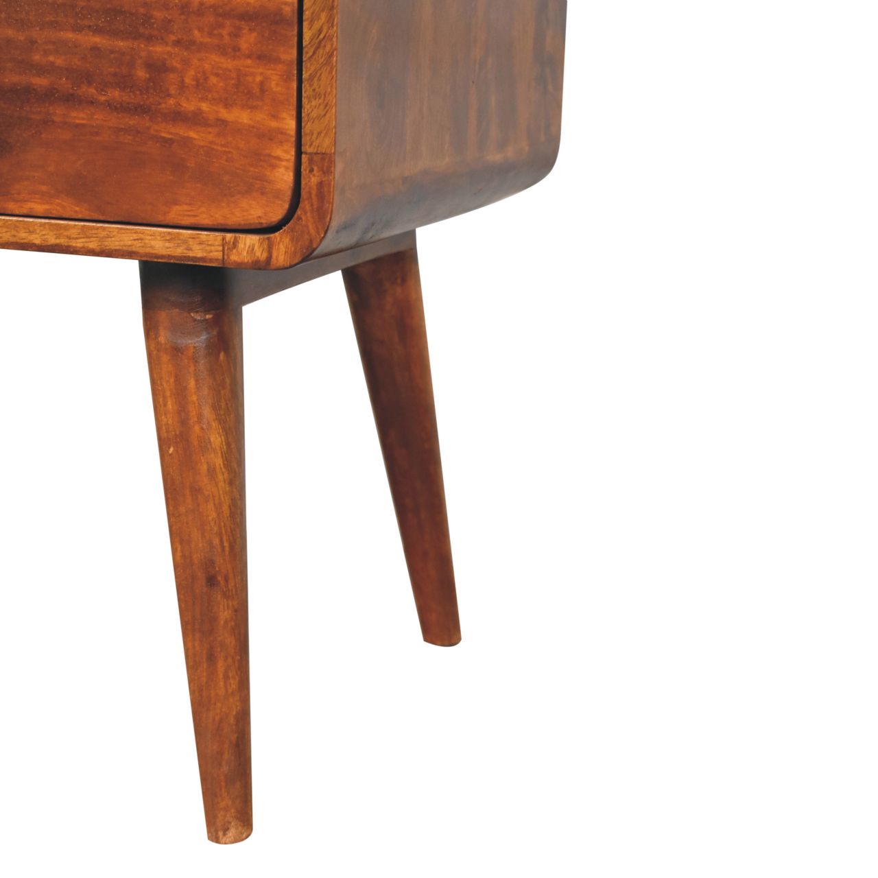 Curved midcentury modern wooden bedside table with tapered legs
