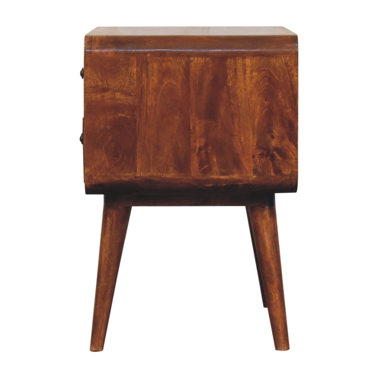 Midcentury modern wood bedside table with tapered legs and two drawers