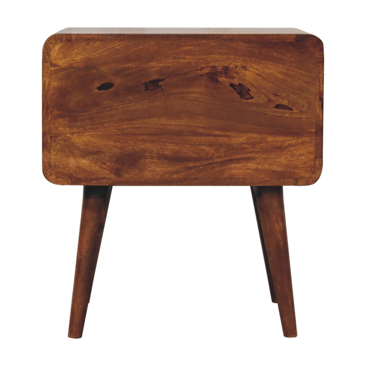 Brown wooden bedside table with rounded corners and tapered legs