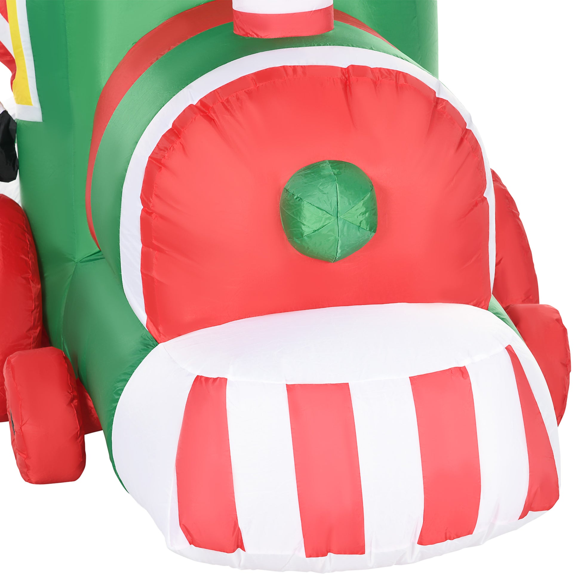 Red and green inflatable train with white striped front detail for holiday decor