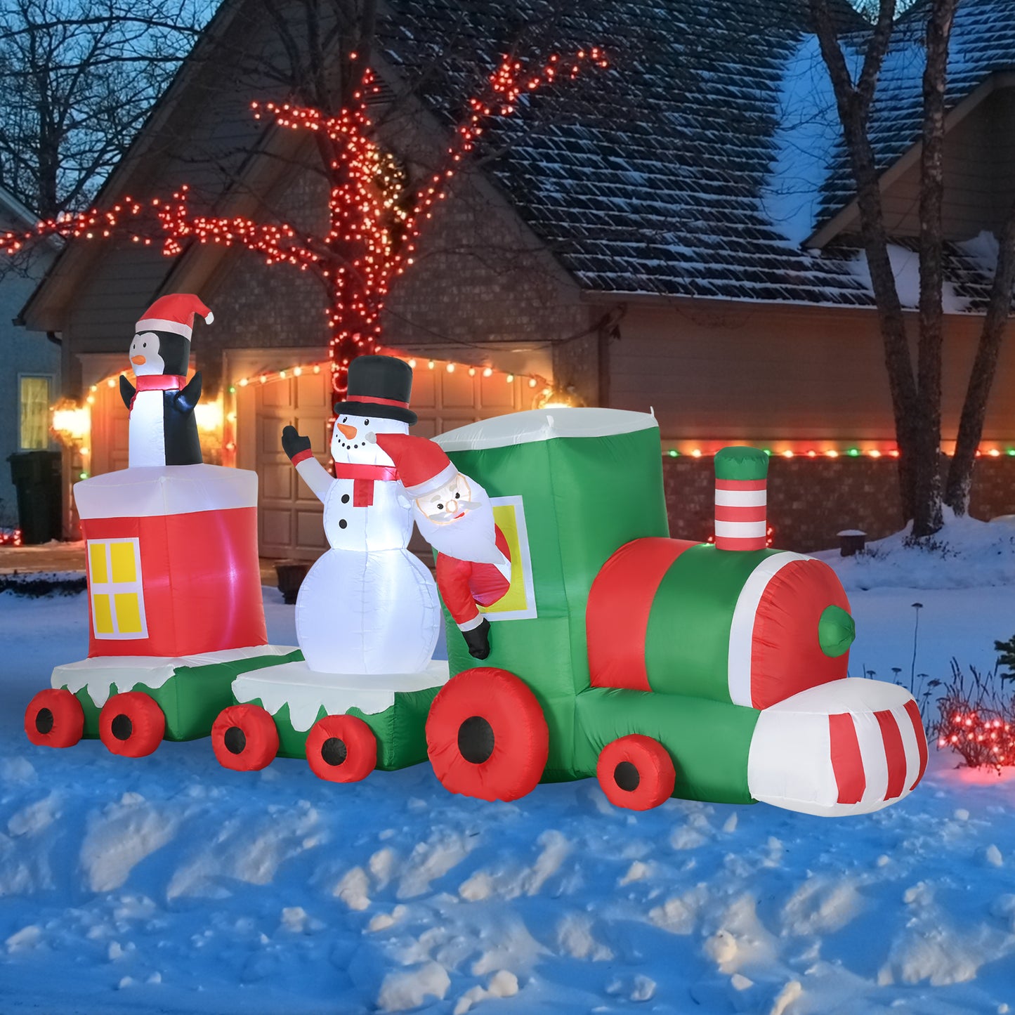 Inflatable Christmas train with penguin snowman and Santa Claus for outdoor decor