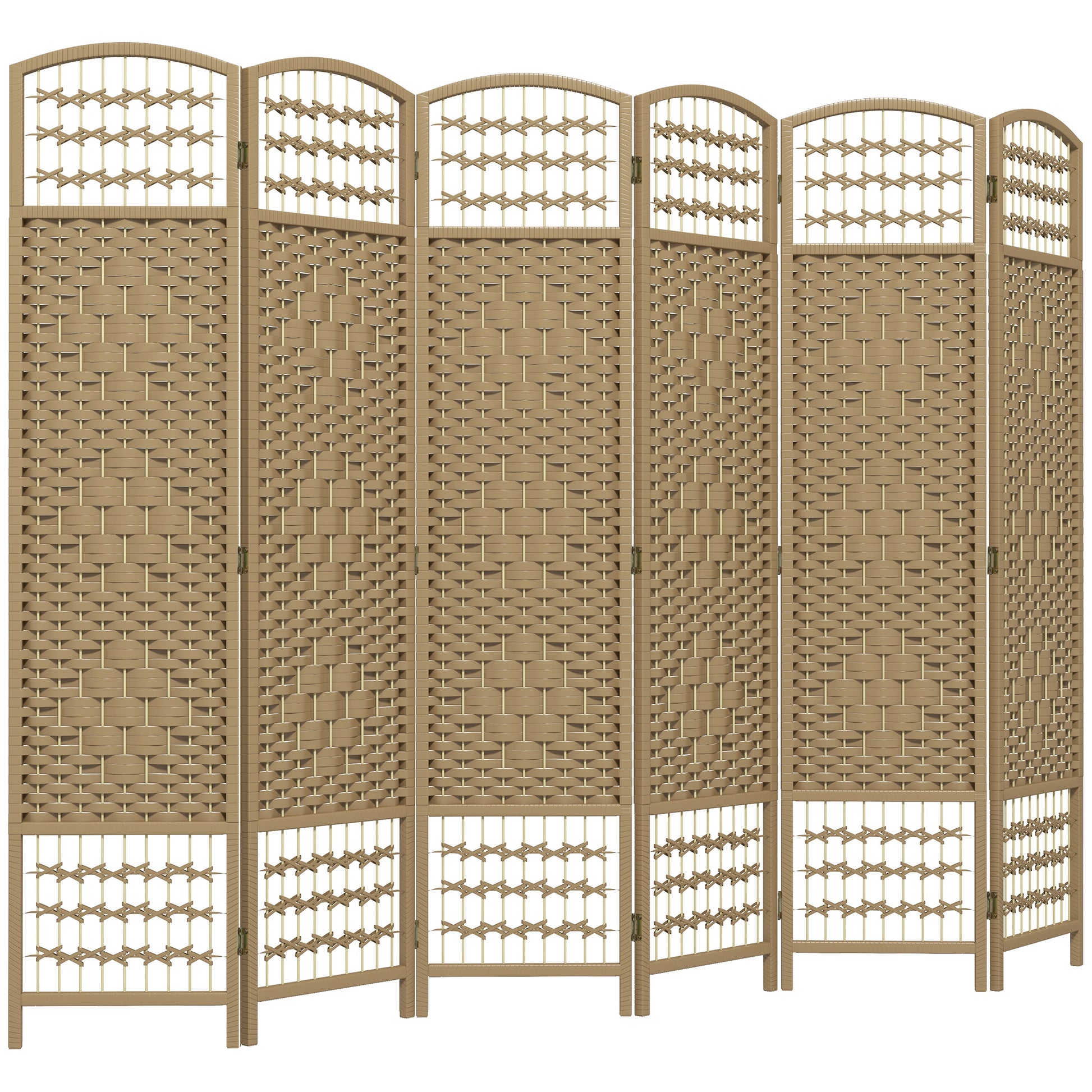 Sixpanel light brown woven room divider with arched top and decorative crosshatch pattern