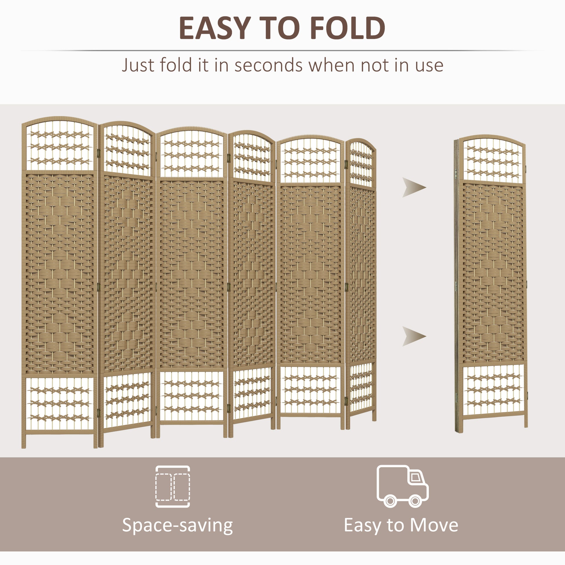 Brown woven sixpanel room divider showing folded and unfolded states for a spacesaving solution