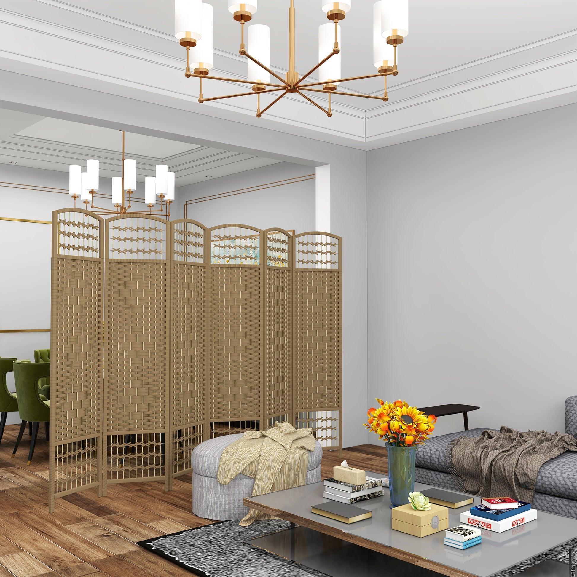 Fourpanel woven rattan room divider in a natural tan color providing privacy