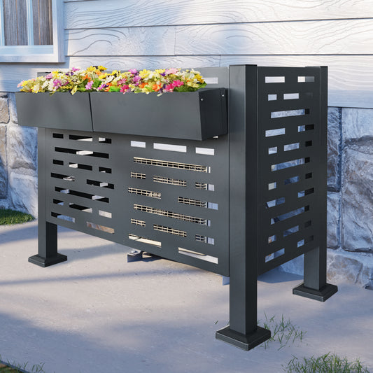 Modern dark gray metal planter box with decorative geometric cutouts perfect for outdoor decor