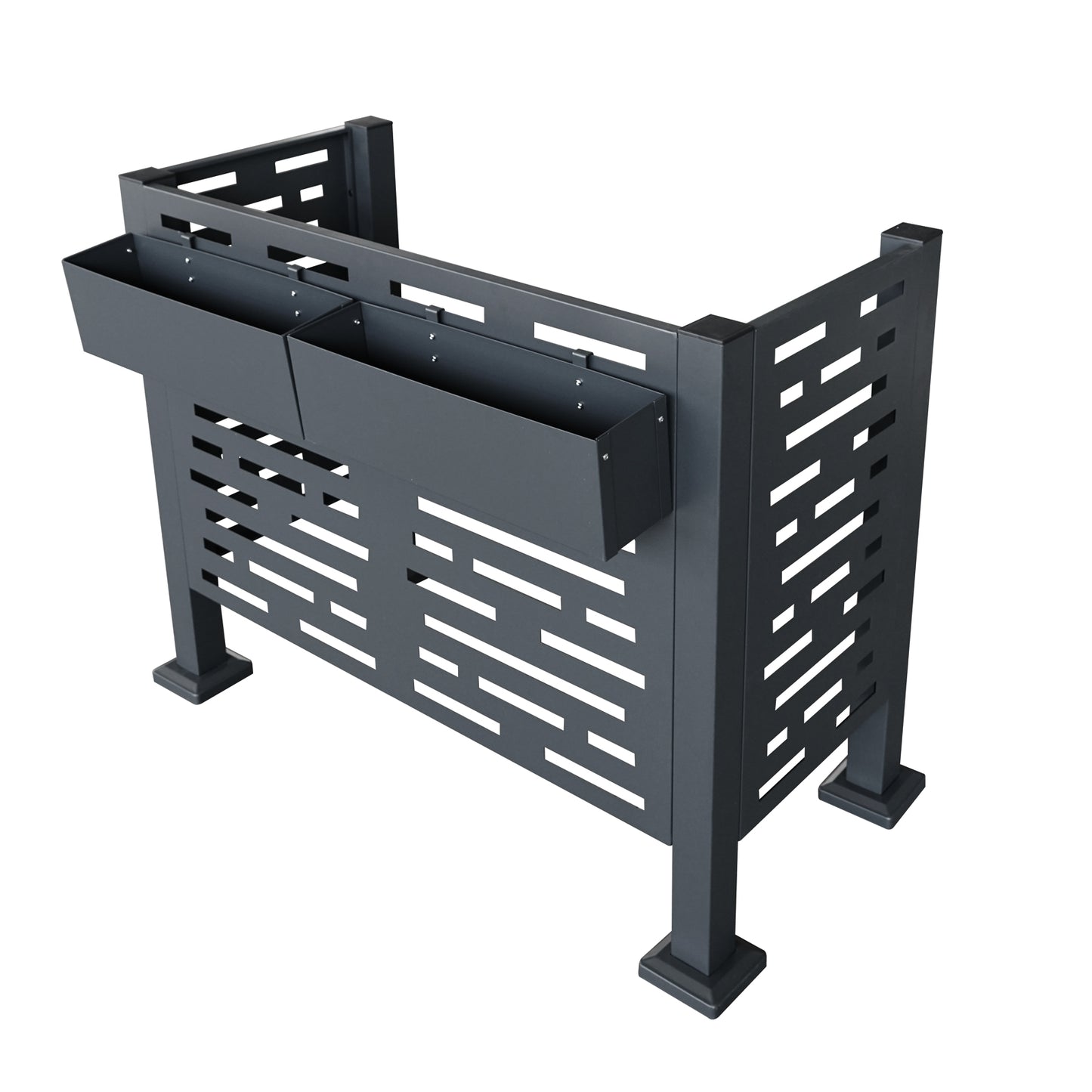 Dark gray metal planter box with decorative cutouts ideal for outdoor decor
