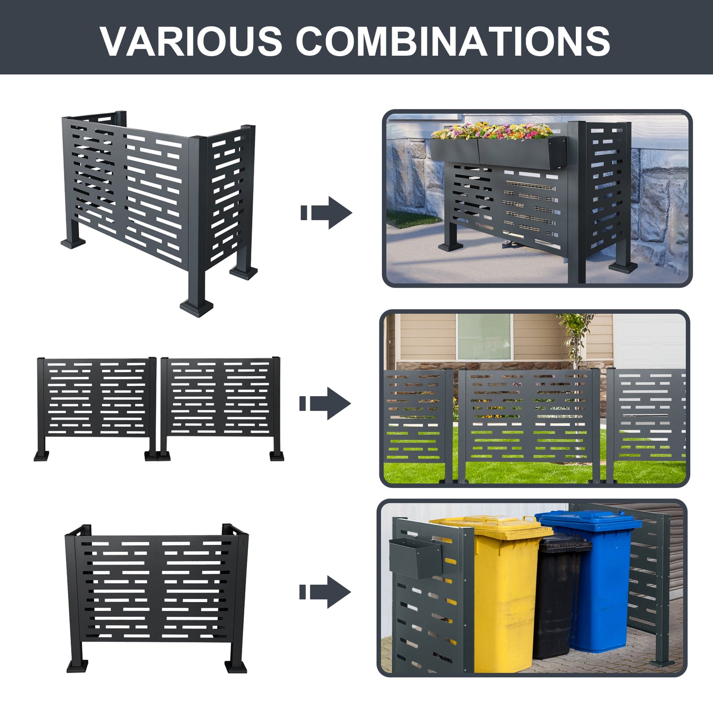 Modern dark gray metal privacy screen with cutout pattern for garden use