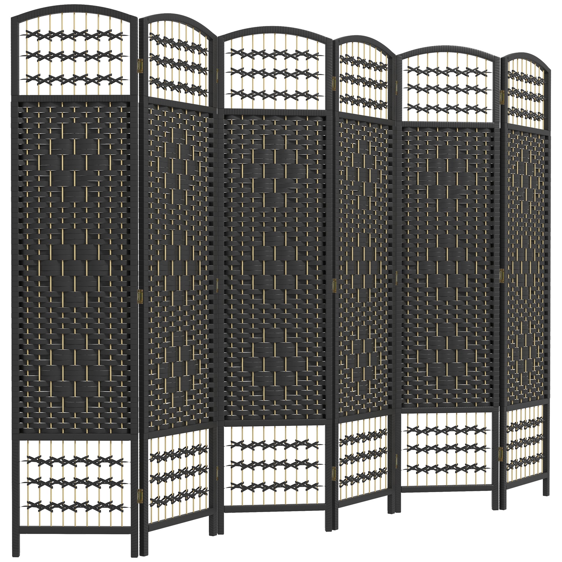 Black wicker room divider with woven panels and decorative accents panel folding screen