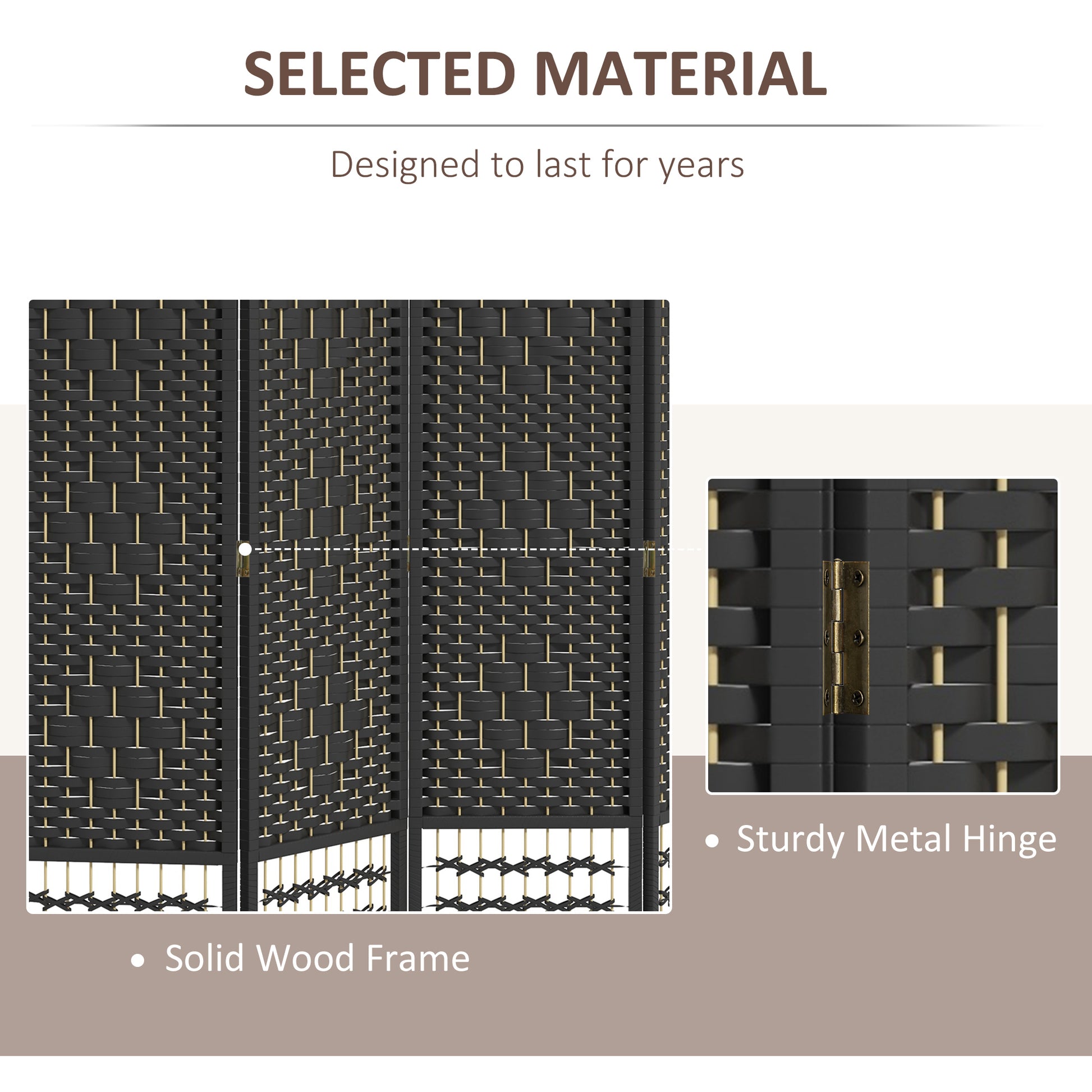 Black wicker room divider with gold accents showcasing its woven pattern