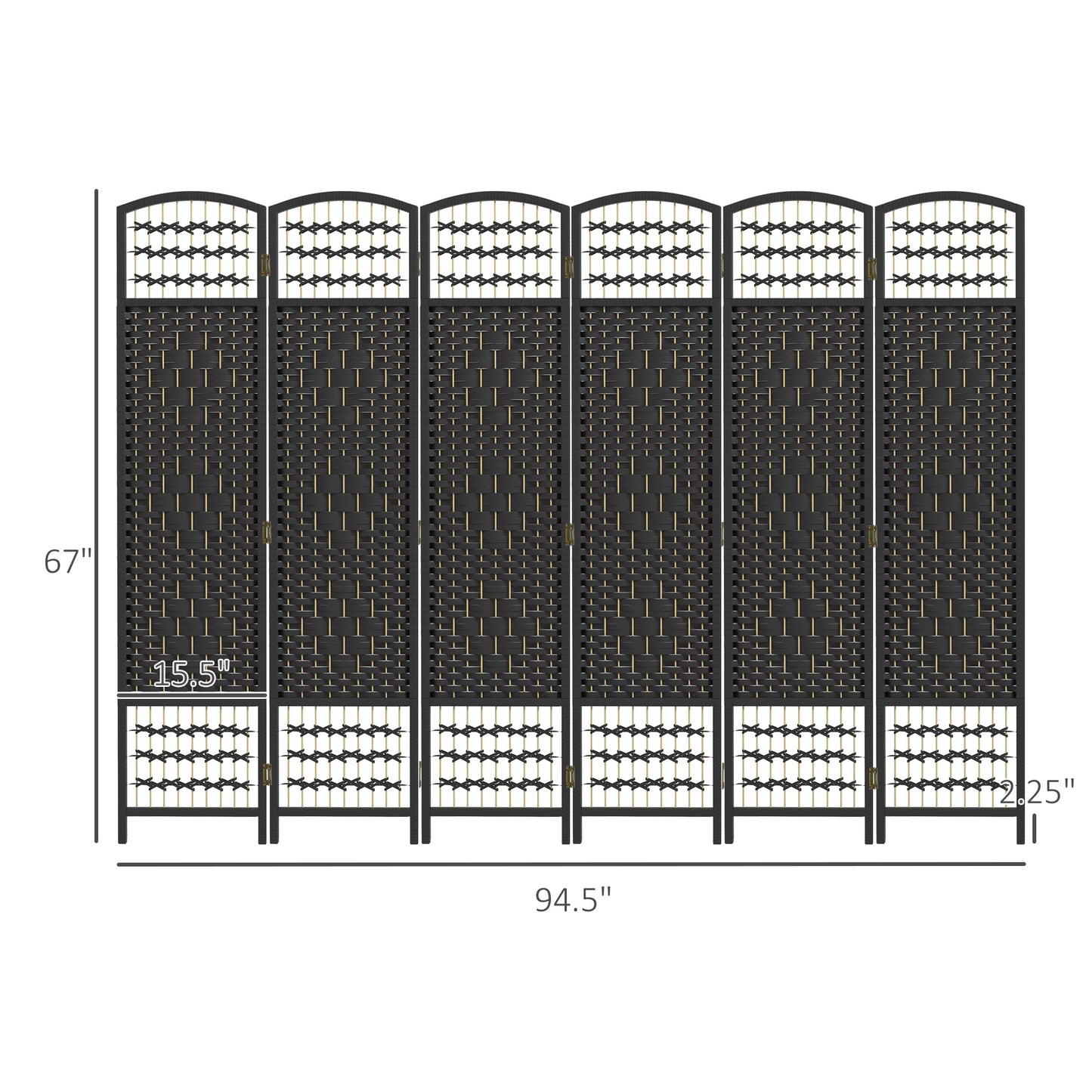 Sixpanel black wicker room divider with arched top and geometric design