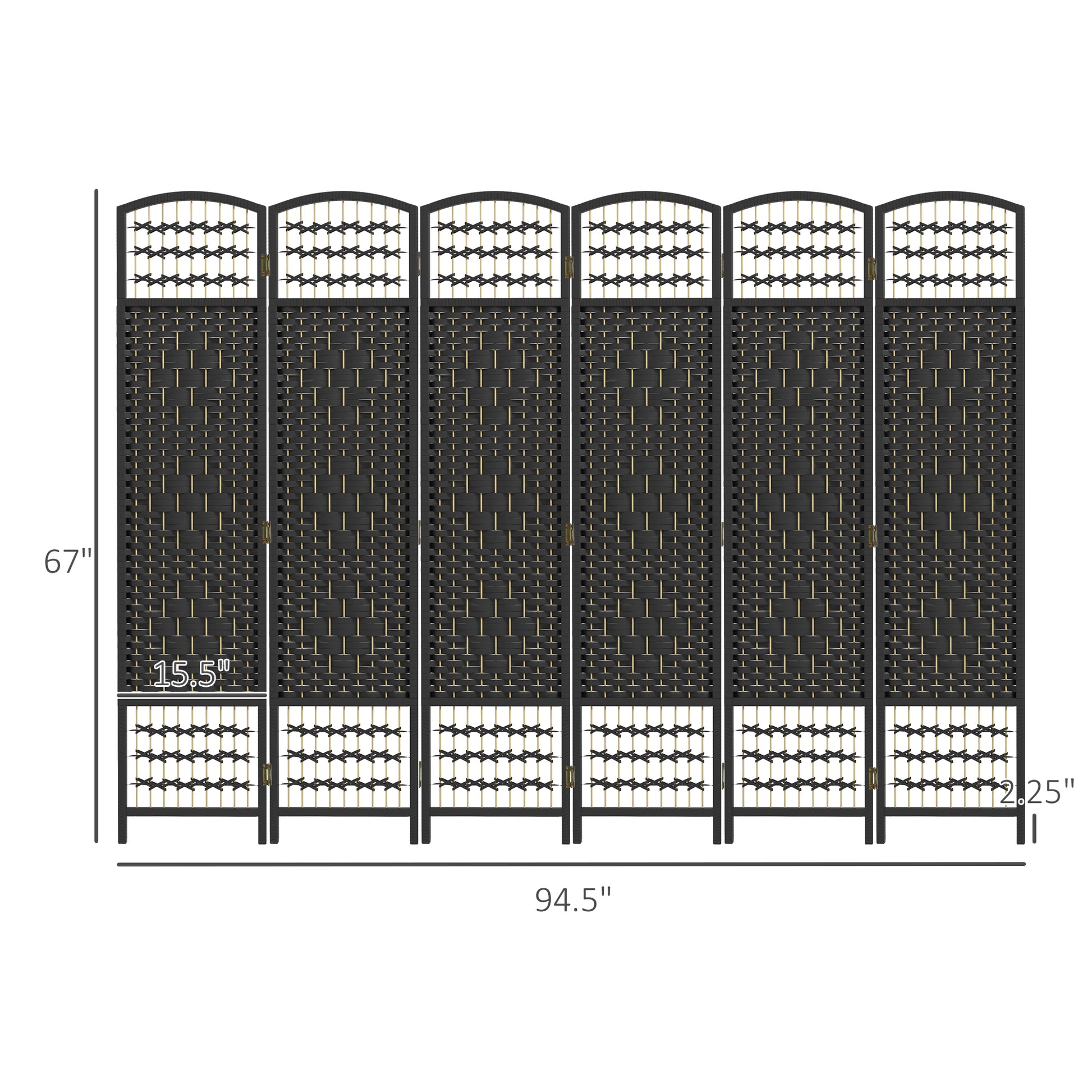 Sixpanel black wicker room divider with arched top and geometric design