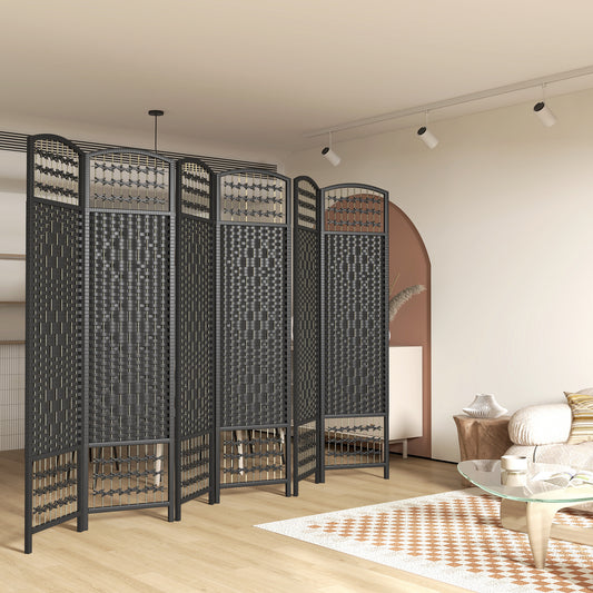 Black panel woven room divider with arched top panels and metal frame