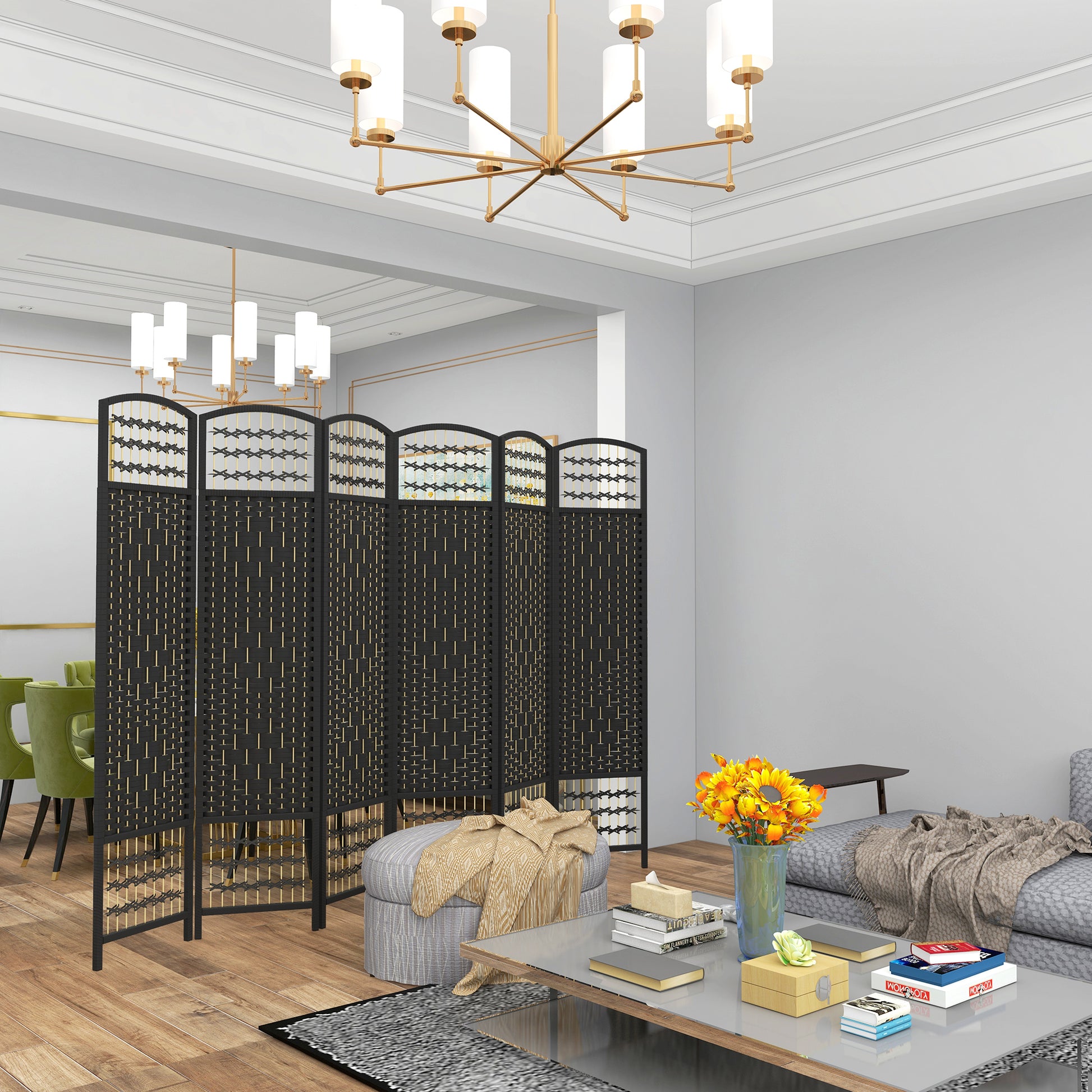 Black wicker room divider with gold accents  panels