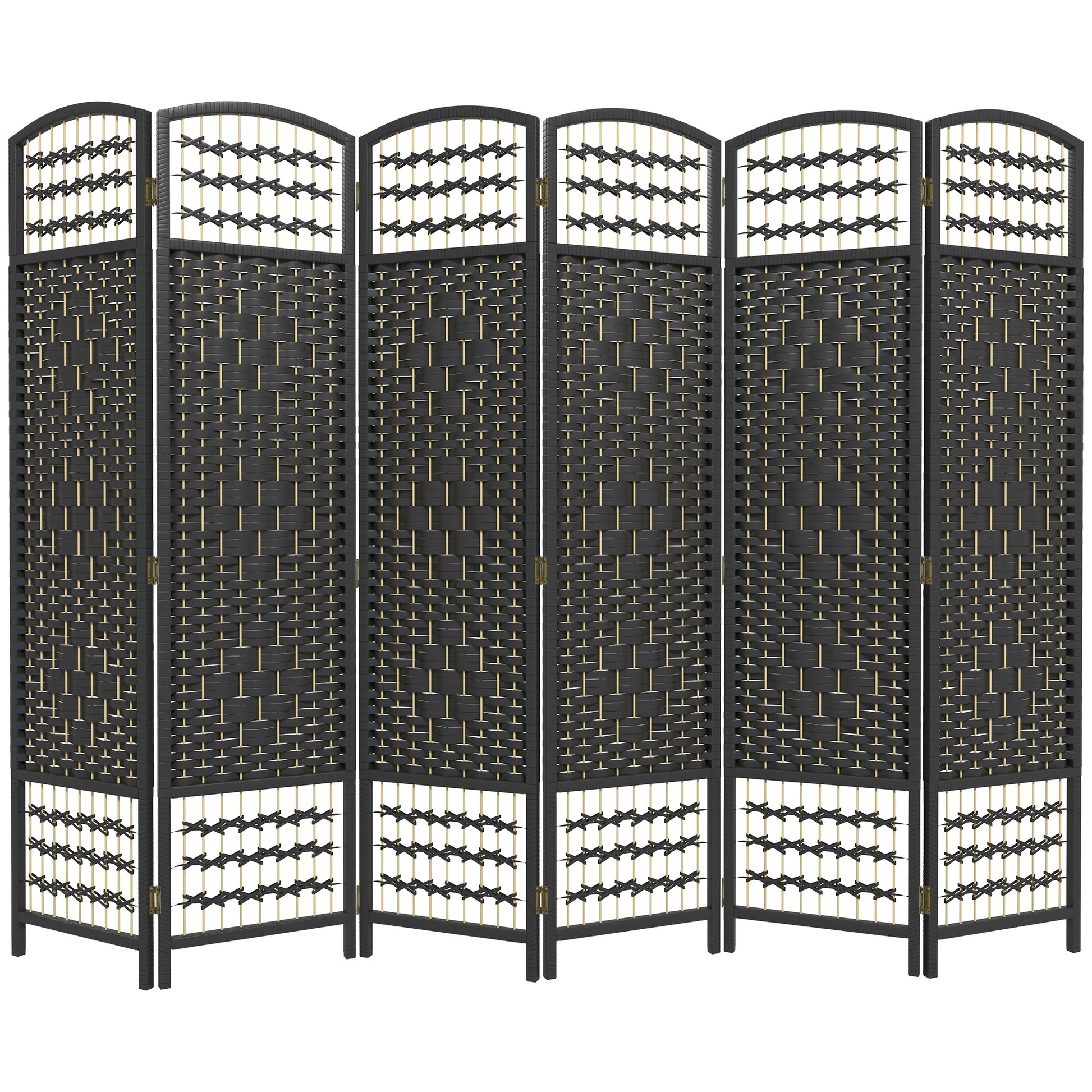 Dark gray sixpanel room divider with woven rattan and decorative accents