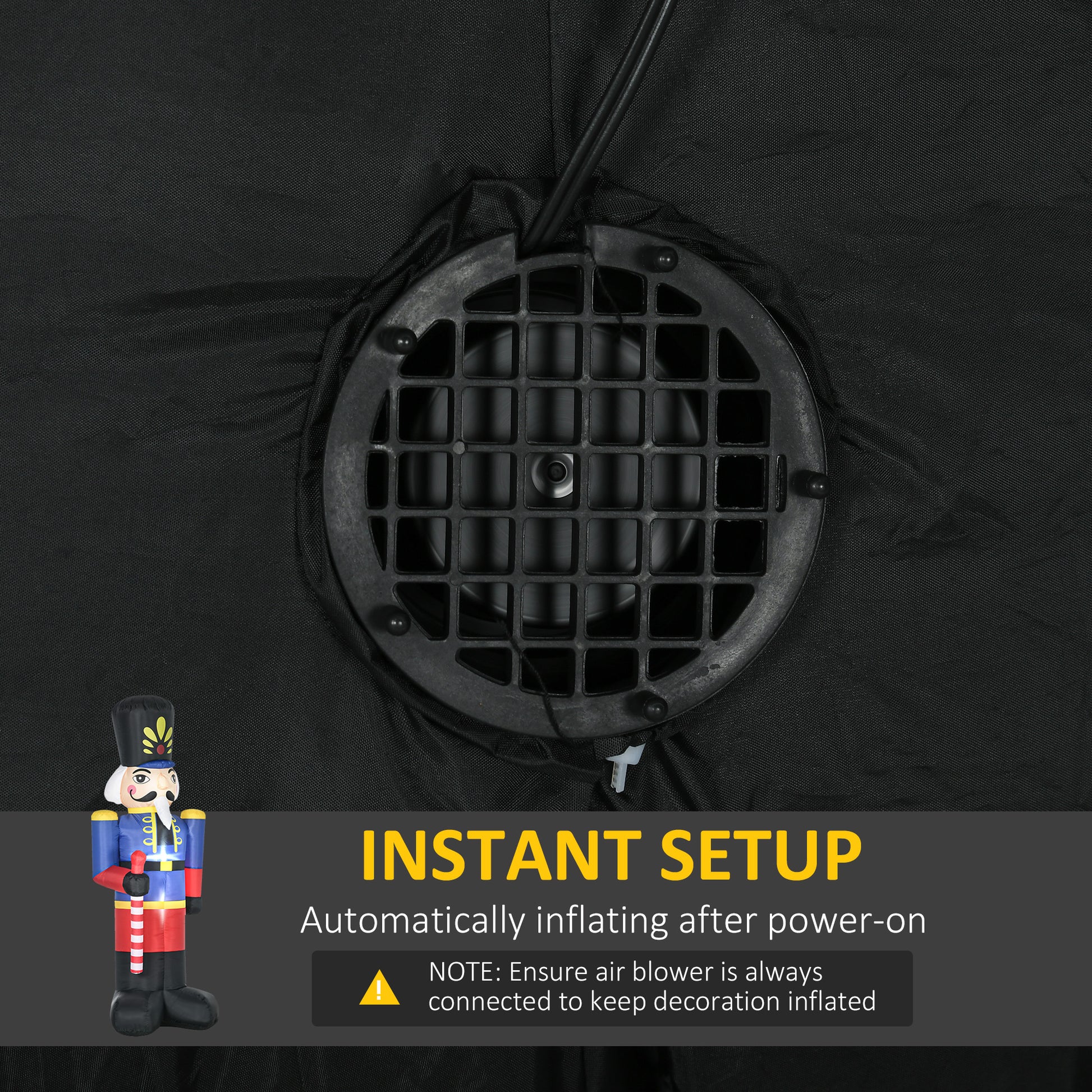 Black inflatable nutcracker detail with builtin air blower for instant setup