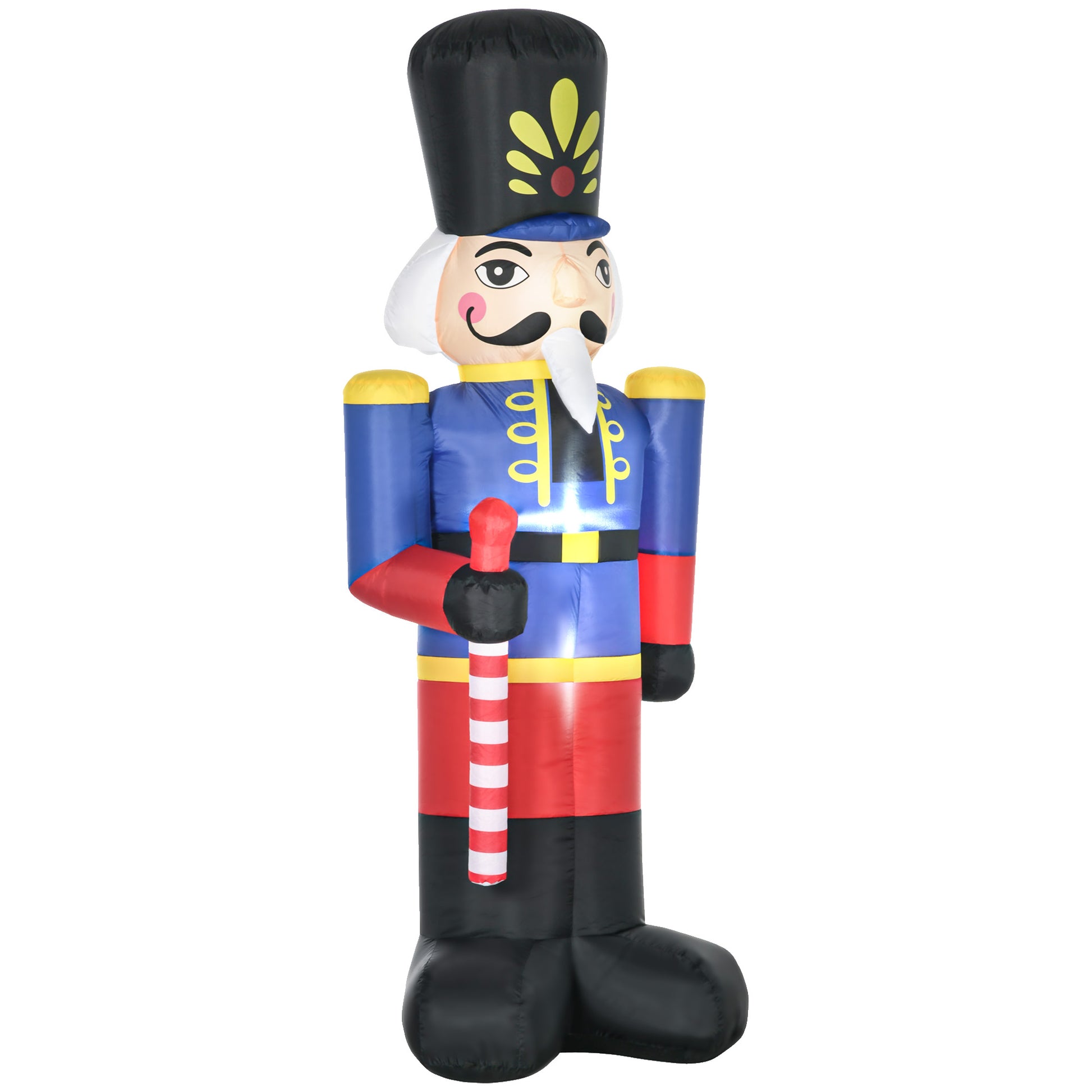Inflatable nutcracker with blue uniform and candy cane outdoor holiday decoration